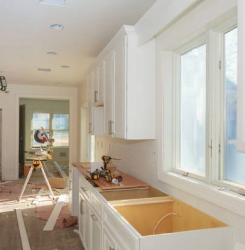 Kitchen cabinets of installation base of custom maker preparing kitchen